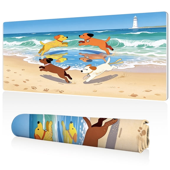 LIVEKEY Mouse Pad 80x40cm Extra Large Non Slip Stitched Edges Full Coverage Durable Easy Clean Cute Dogs Running on Beach with Lighthouse Art for Gaming Office