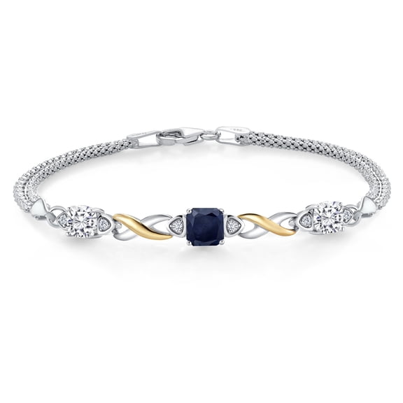 925 Silver and 10K Yellow Gold Blue Sapphire and White Moissanite and White Lab Grown Diamond Bracelet for Women (2.65 Cttw, Gemstone September Birthstone, Cushion 6MM, 6.5 inches, Made in Italy)