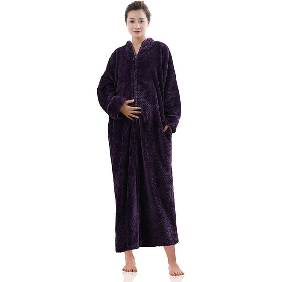 Women Zip Up Bathrobe Winter Warm Long Zipper Fleece Plush Robe Full Length Housecoat Sleepwear for Ladies