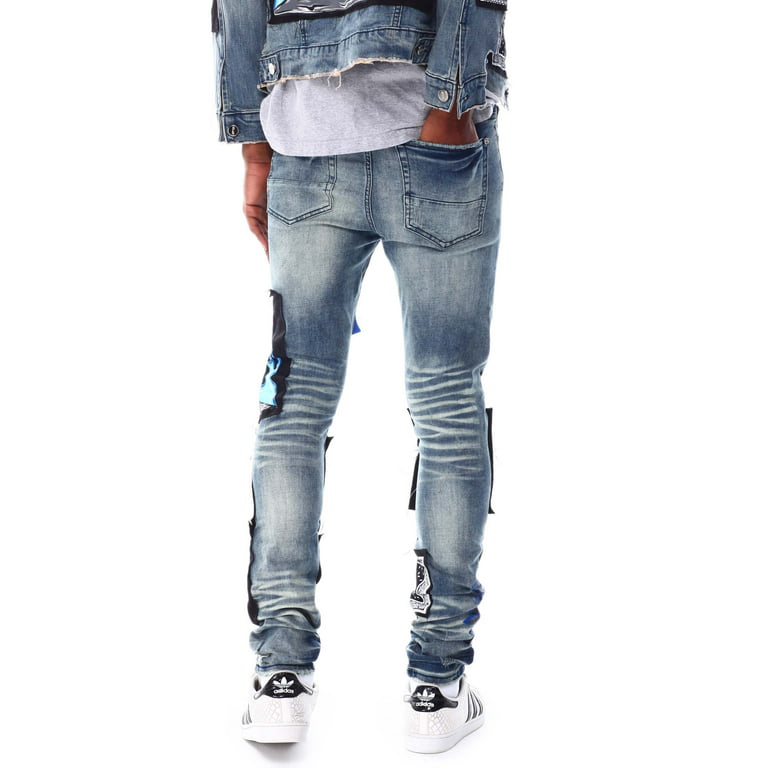 GFTD LA Los Angeles Men's Skinny Fit Panel Patch Fire Skull Distressed Rip  Jeans (38, Blue)