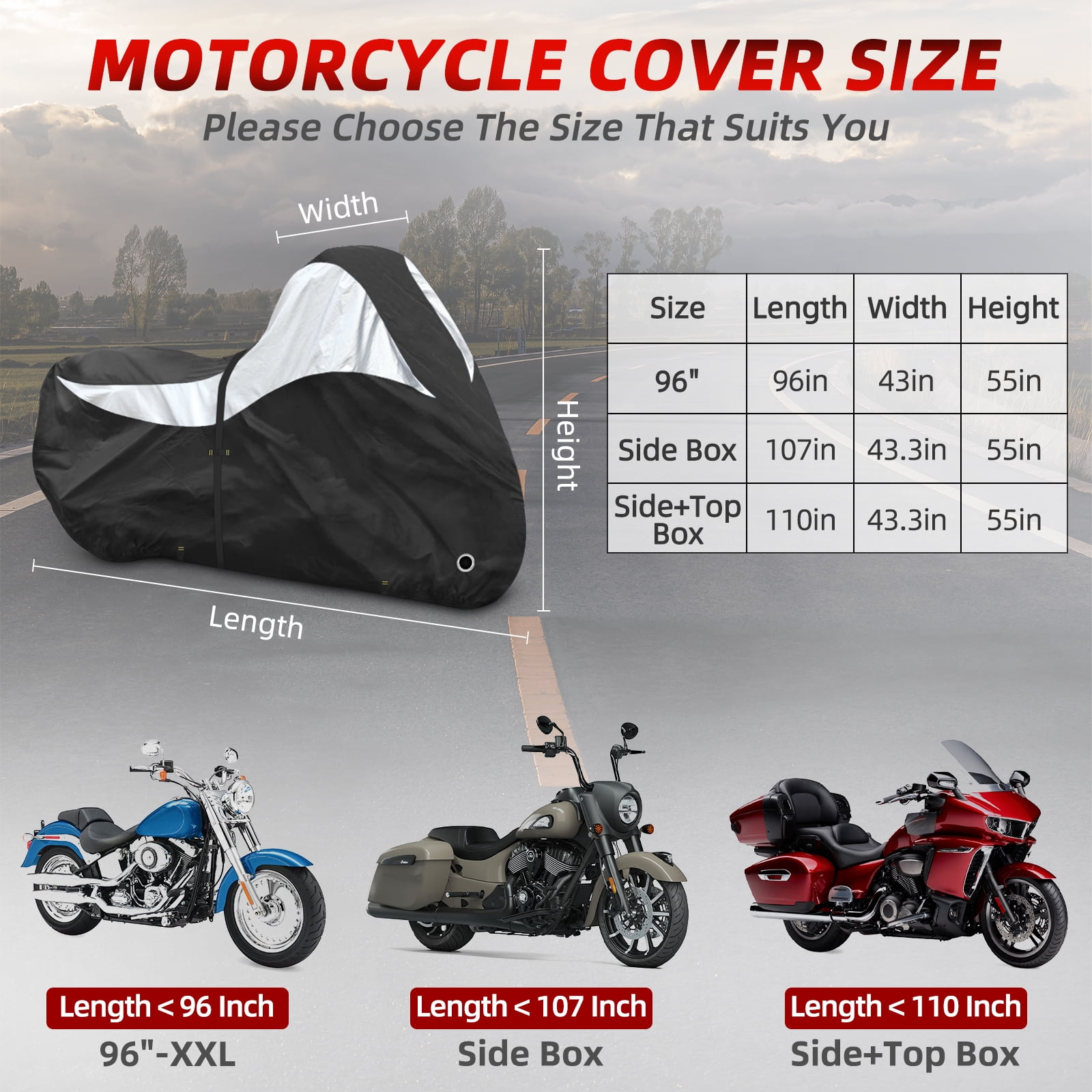 600D Motorcycle Cover, Heavy Duty Waterproof Motorcycle Covers Outdoor Storage with Lock-Holes Compatible with Harley Davidson, Honda, Suzuki, Yamaha (Side+Top Box)
