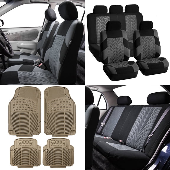 FH Group FH Travel Master Car Seat Covers for Auto Complete Seat Covers Set with 4PCS with Beige Floor Mats Gray Black