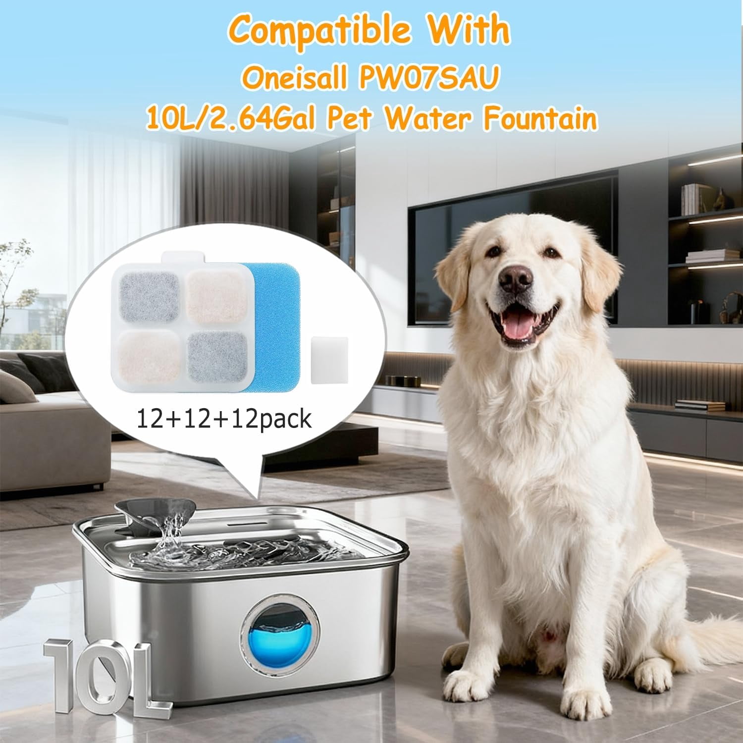 ABCISI 12+12 Pack Replacement Filters for Oneisall PW07SAU 10L/2.64Gal Stainless Steel Dog Water Fountain, Includes 12 Filters&12 Sponges, Improves Water Taste, Promote Pet Health&Encourage Drinking