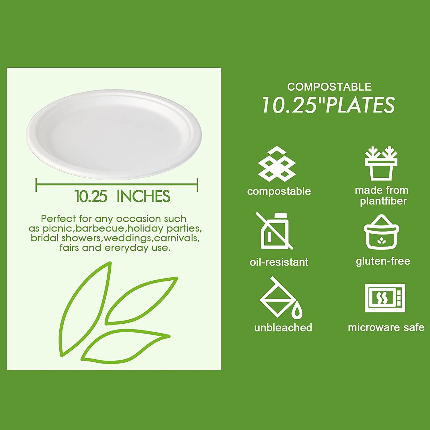 500 Pack Compostable Disposable Paper Plates 10.25 inch Super Strong Paper Plates 100% Bagasse Natural Biodegradable Eco-Friendly Sugarcane Plates(white)