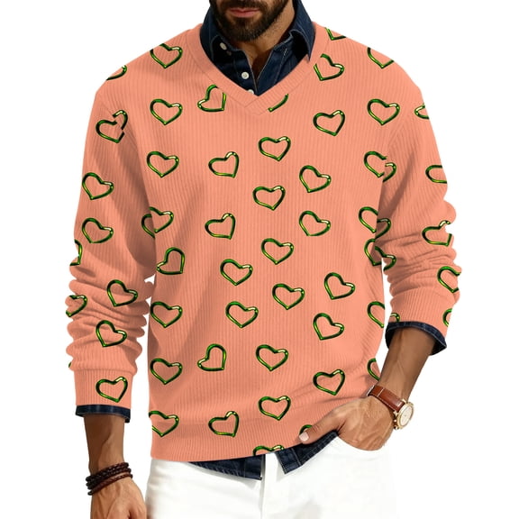 LWavelet Men's Blush & Burgundy Heart Sweater - Soft Tone Design, Great for Valentine's Day Outings & Understated Romantic Style Gold 2XL