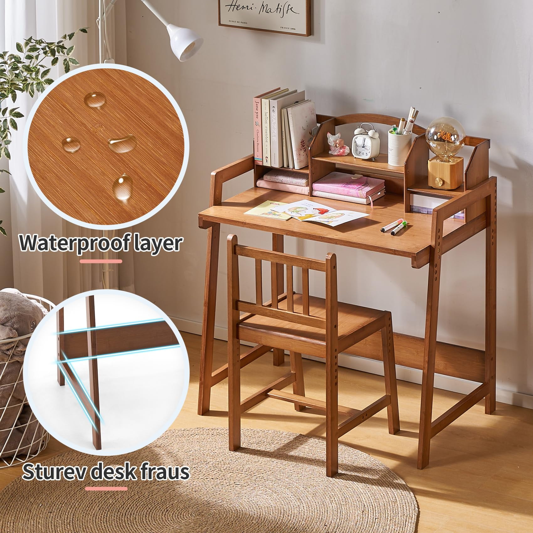 UNICOO® Height Adjustable Bamboo Kids Desk and Chair Set - Ergonomic Kid Desk and Chair Set for Study, Writing, and Homework - Durable and Eco-Friendly Kids' Desks (Antique Brown 01)