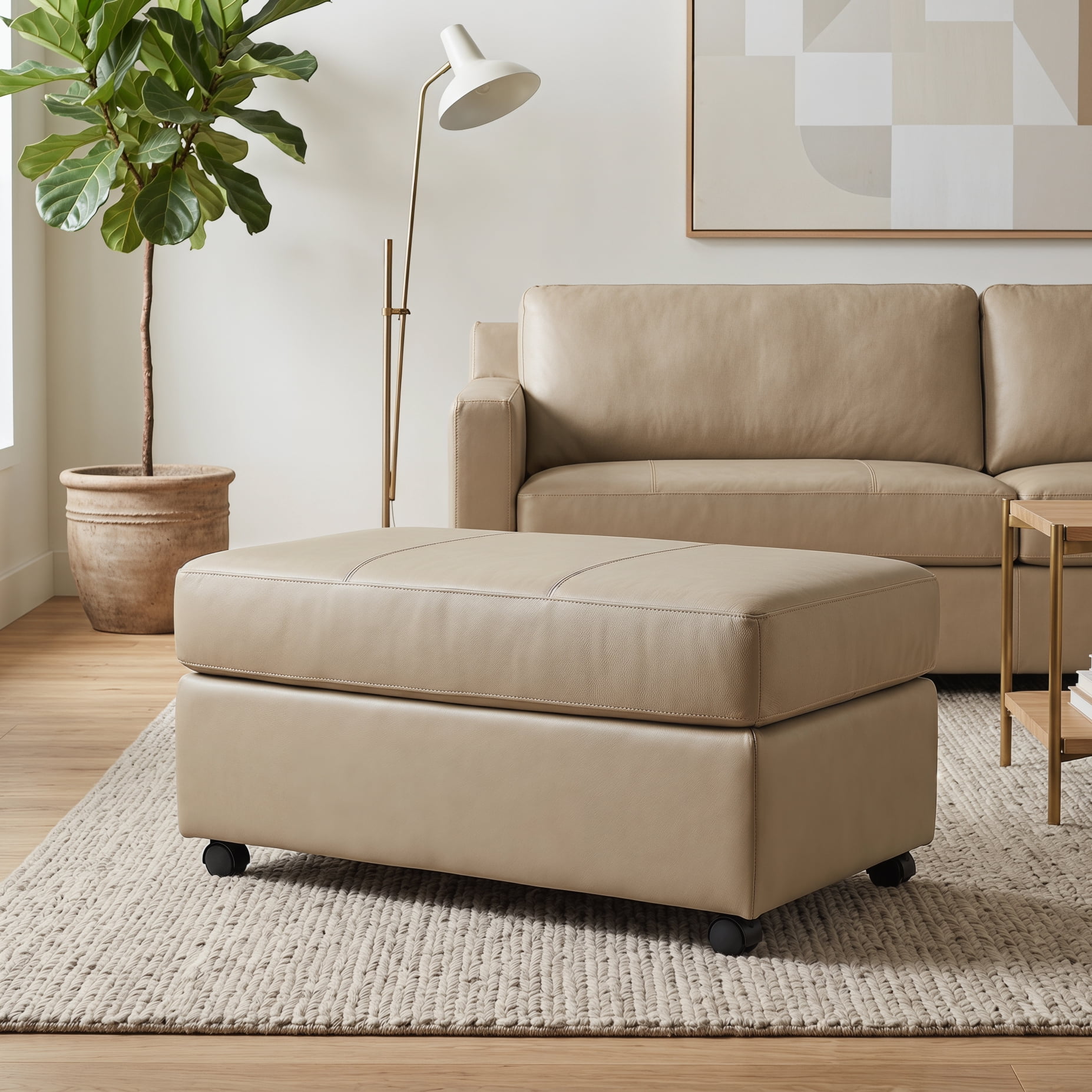 Roundhill Furniture Sakan Leather Upholstered Ottoman, Beige