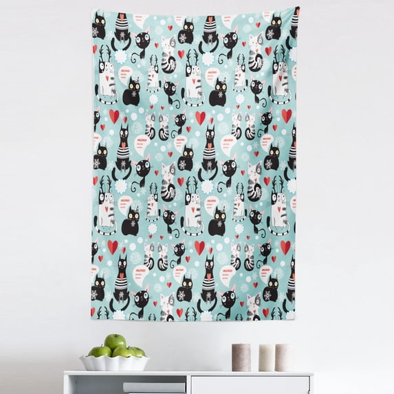 Cat Tapestry, Black and White Cats in Love Meow Print Among Hearts Daydreaming Kitties Cat Ears, Fabric Wall Hanging Decor for Bedroom Living Room Dorm, 5 Sizes, Multicolor, by Ambesonne