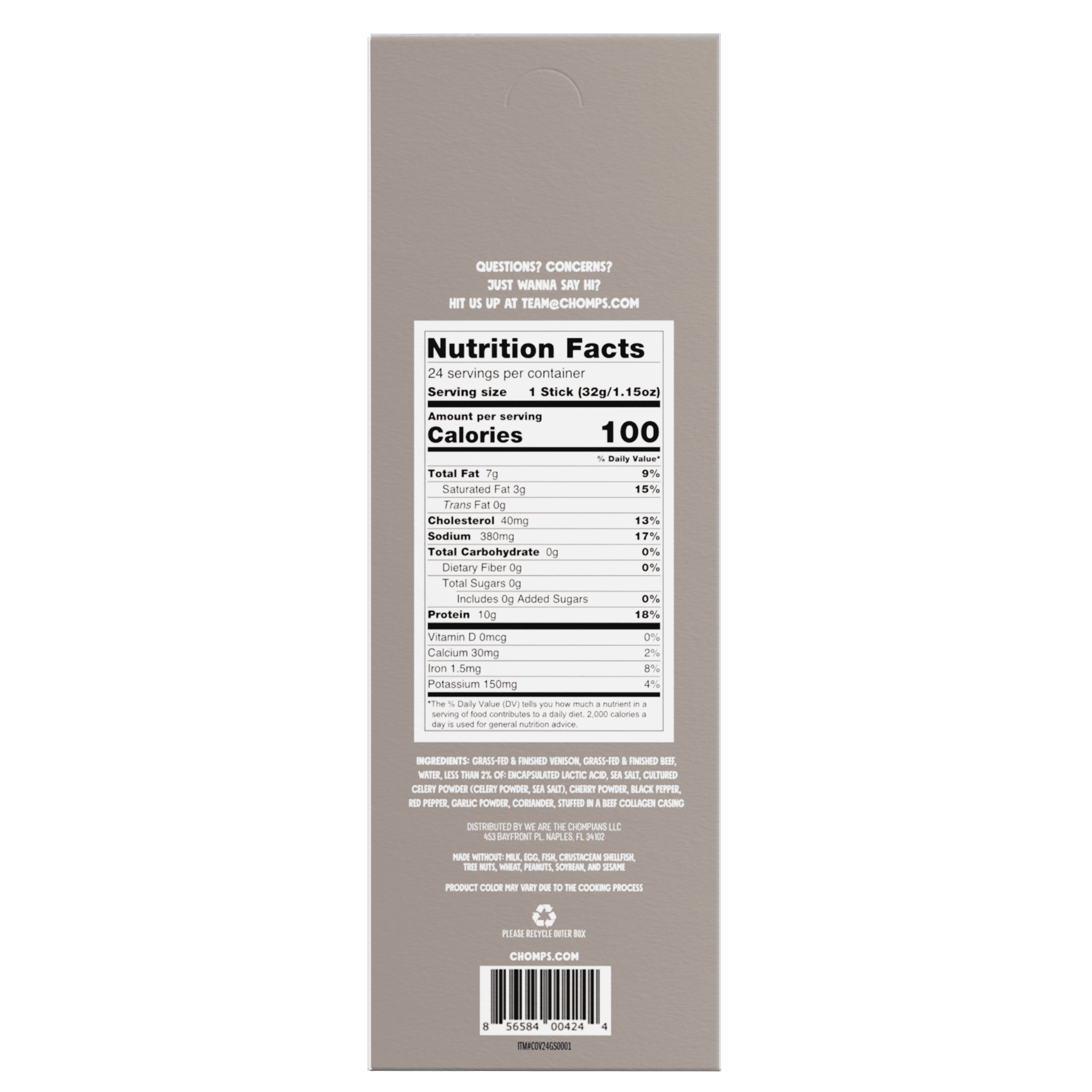 Chomps Sea Salt & Black Pepper Venison Jerky Snack Sticks, 10g of Protein