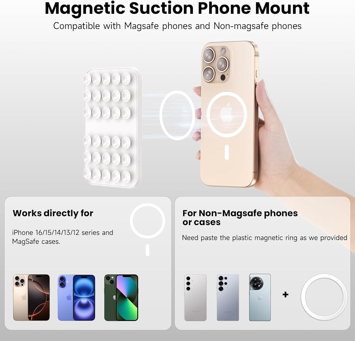 MKEUDQ-Patented Magnetic Sticky Phone Suction Grip Mount for MagSafe Case,Magnet Silicone Portable Stand Holder for iPhone 16/15/14/13/12 Series and Android, Hands-Free Selfies and Videos