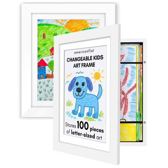 Kids Artwork Frame Changeable (White) - Magnetic Door Holds 100 Art Pieces - 8.5X11 Letter Size Display With Mat Or 10X12.5 Without Mat - My Mini Masterpiece (Set Of 2)