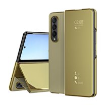 Z Fold 3 5G Case Compatible with Samsung Galaxy Z Fold3 5G Cell Phone Case with Kickstand, PU Leather, Clear View Mirror Flip Cover Shockproof Protective Cover for Samsung Z Fold 3 5G 2021, Gold