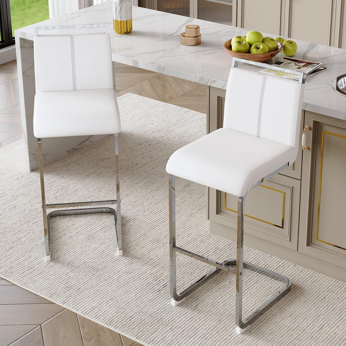 Lecut 30"Counter Height Bar Stools Set of 6, Modern Upholstered PU Leather Bar Stools with Back and Silver Chrome Plated Metal Frame, Armless Bar Chairs for Kitchen Island (White+Silver)