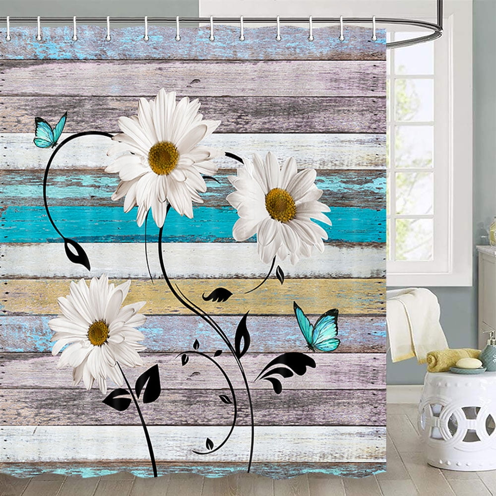 Rustic Grey Floral Shower Curtain, Butterfly Daisy American Country