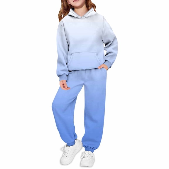 HXIWJKT Girls Sweatsuit 2 Piece Outfits - Hoodie Sweatshirts And Sweatpants with Pockets Fall Winter Fashion Jogger Sets (5-6 Years ,Light Blue)