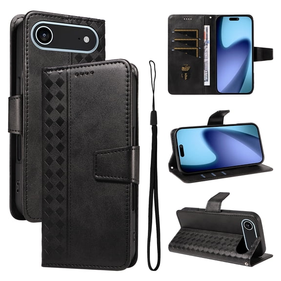 for iPhone 17 Air Flip Case with Cash Slot Credit Card Slots Kickstand PU Leather Shockproof Lightweight Full Body Protective Magentic Clasp Rugged Case Cover with Wrist Strap, Black