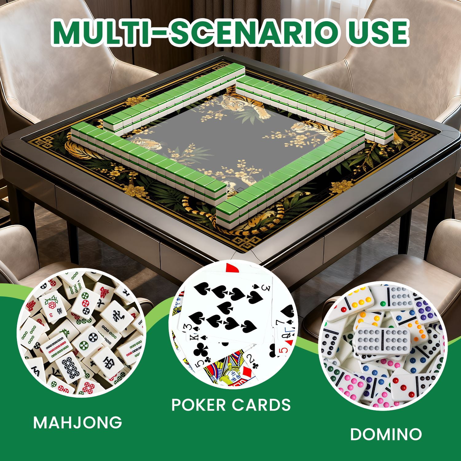 Mahjong Mat 31.5" x 31.5" Golden Tigers Tropical Leaves Blossoms Black Non-Slip Noise Reduction American Mahjong Tiles Table Cover for Dominoes Poker Card Board Games Gift