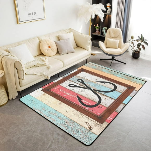 SHILIU-Fish Hook Area Rug 3'x5', Retro Nautical Anchor Wooden Board Non Slip Rug for Kids Teen Boys Women Men,Colorful Stripes Indoor Floor Mat for Dining Room Backyard Decor