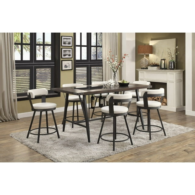 Counter Height 7pc Dining Set Table and Six Chairs Swivel White Dining Kitchen Furniture Wine Rack Glass Insert Top