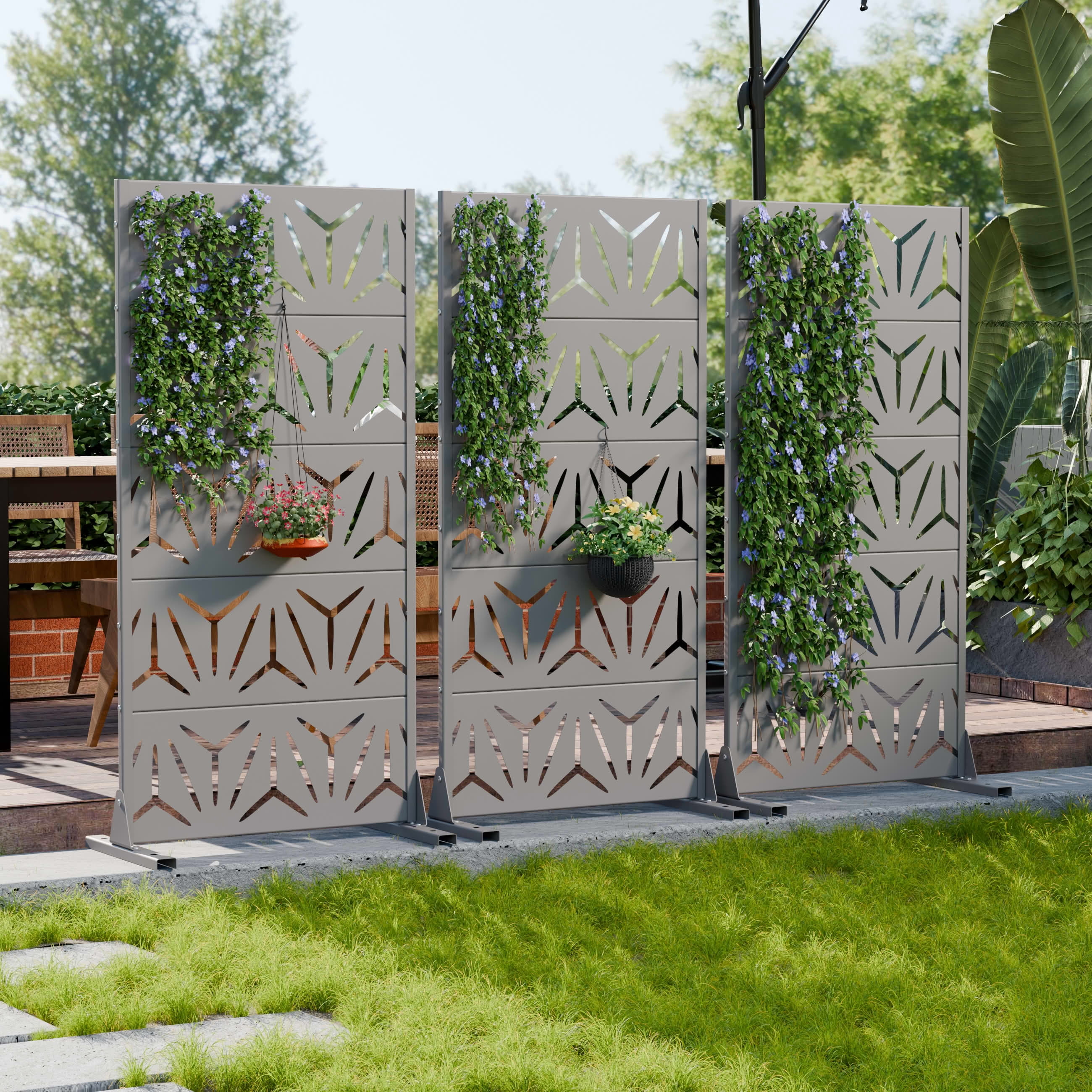 MAYEERTY Outdoor Metal Privacy Screen 5ft Gray, 5-Panel Geometric Y-Pattern Decorative Screen for Garden