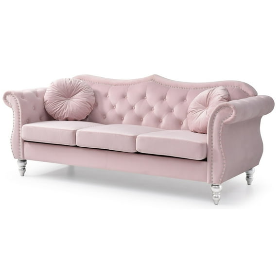 Pink Velvet Sofa - 3 Seater Style - Tufted Design with Pillows - 82" Loveseat