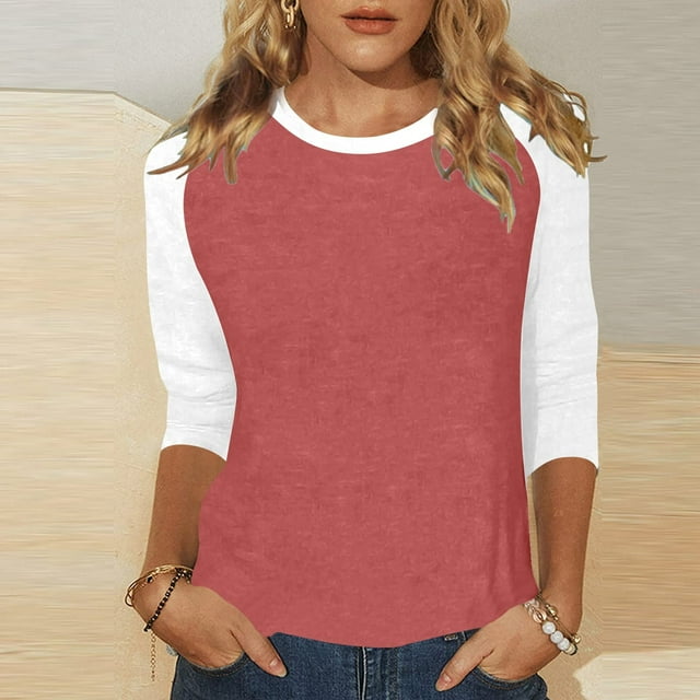 Trendy Women's T Shirts Casual Tops For Everyday Wear Stylish Color Block Design For Spring And Fall Versatile Round Neck 3/4 Sleeve Blouses Womens Casual Work Tops Compression Shirts Women Long