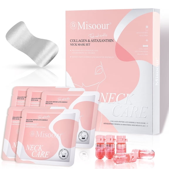 Misoour anti-aging 2-in-1 neck mask with collagen & astaxanthin, firming treatment for neck wrinkles, 5-pack daily & travel skincare