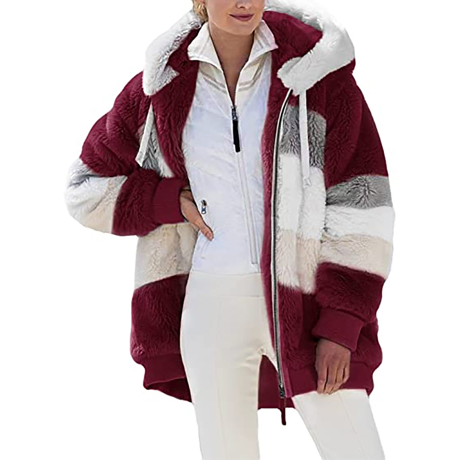 Winter Coats for Women Full Zip Up Hooded Sweatshirts Plush Fleece Striped Hoodies Plus Size Outerwear with Pockets 