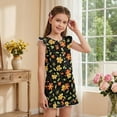 thumbnail image 4 of ZIATUBLES Floral Vine Black Print Girls Summer Jumpsuit Kids Button Flutter Sleeve Short Playsuit Elastic Waist Round Neck Casual Romper Outfit Clothes with Pockets for 7-8 Y, 4 of 6