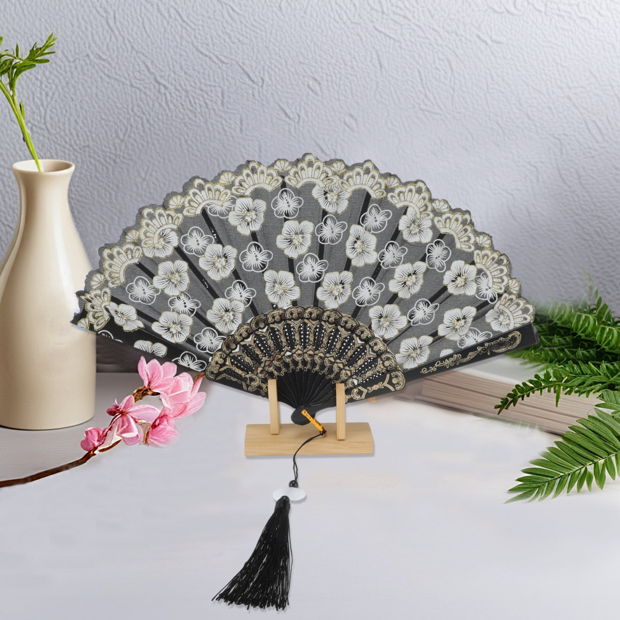 Unique Bargains Elegant Cherry Blossom With Tassel Folding Fan 1 Pc Black