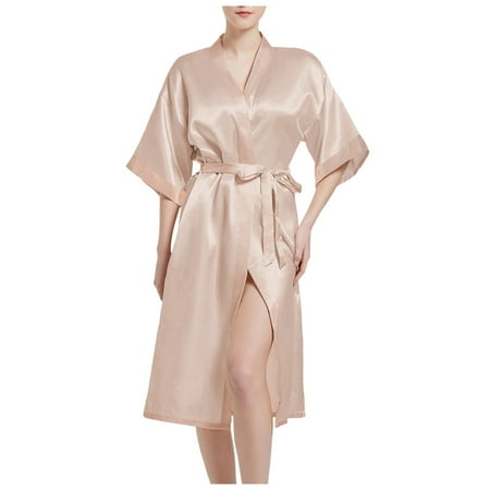 GHSOHS Robes for Women Night Lingerie Dress Women Sleepwear Satin Kimono Bridal Dressing Gown Bridal Bathrobe Satin Kimono Bridal Silk V Neck Kimono with Belt Sleepwear Sleepshirt Pajamas Nightgown