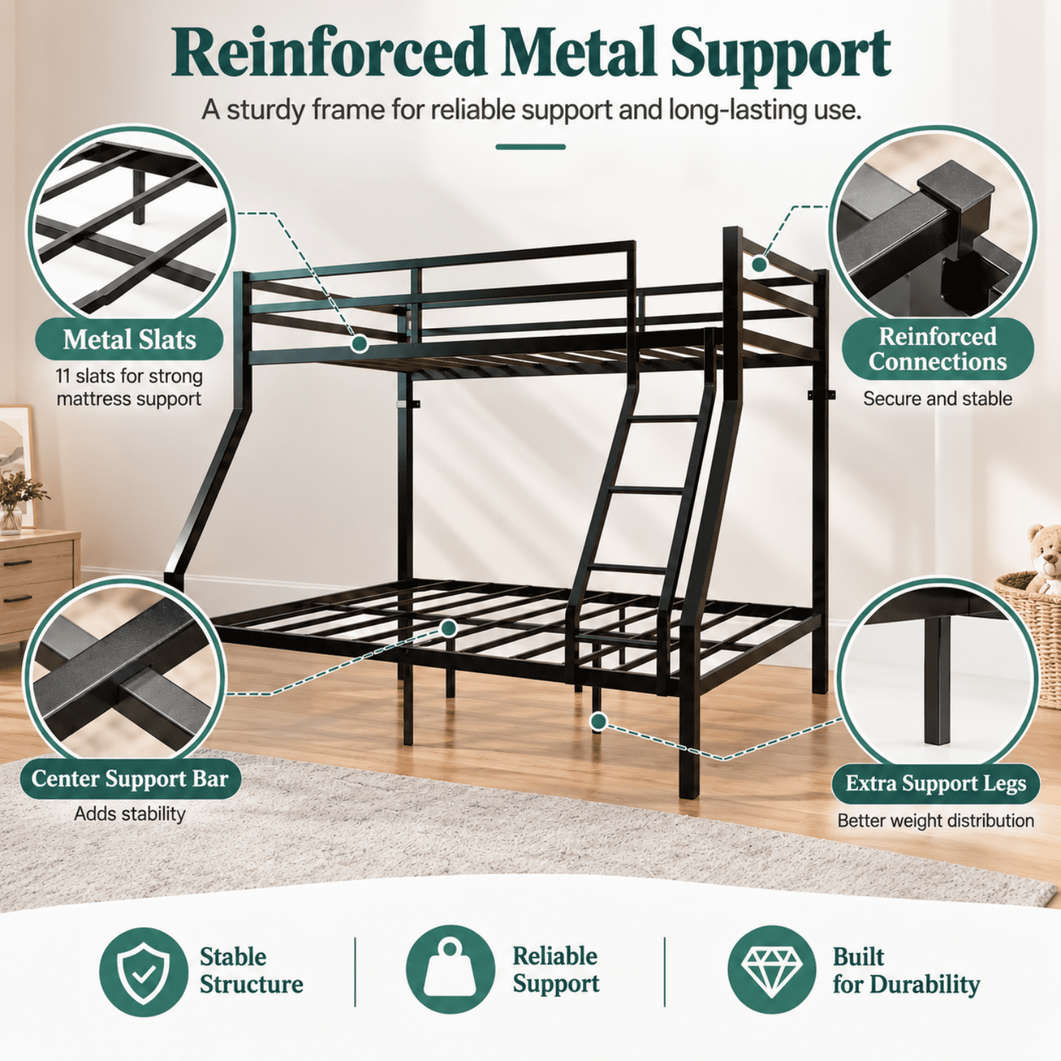 Miniyam Twin Over Full Metal Bunk Bed with Guardrails and Angled Ladder, Black
