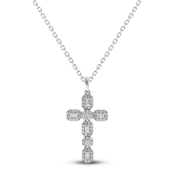 1.50 Ct Round Cut Natural Diamond Cross Pendant Necklace for Women Solid 18K White Gold With 18 inches chain