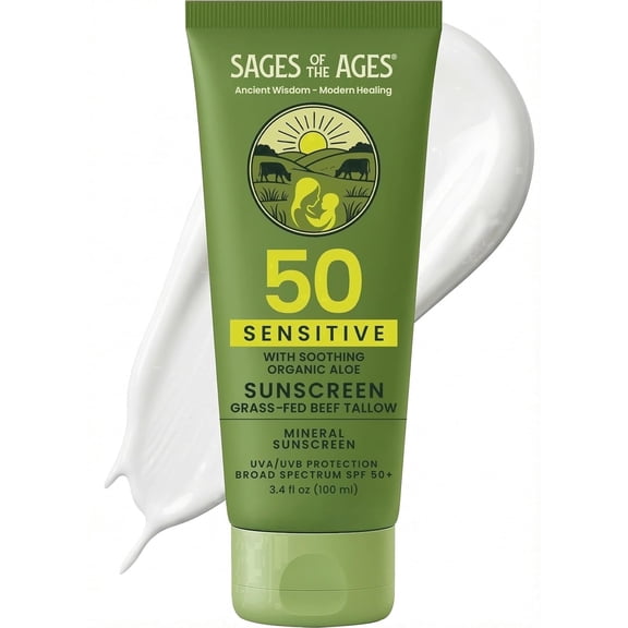 Sages Nutrition SPF 50 Mineral Sunscreen, No White Cast, Non-Nano Zinc Oxide, Reef Safe UVA/UVB, Water Resistant 80 Min, Tallow Lotion Face & Body 3.4 oz