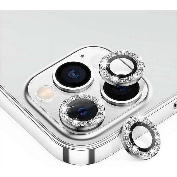 iPhone 13 (6.1\u201d) Glitter Aluminum Camera Lens Protector, Individual Ring Cover Film, Silver Diamond Spiral Style, 9H Tempered Glass, Easy Installation, Case Friendly