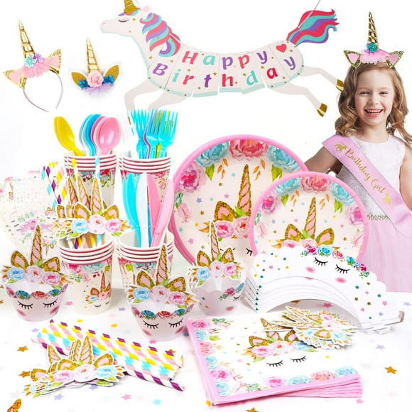 QUIENKITCH Unicorn Party Supplies, 197 Pieces Unicorn Birthday Decorations & Tableware - Paper Plates, Cups, Napkins,Banner,Table Cloth, Cake Topper, Headband, Birthday Sash -Serves 16