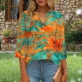 thumbnail image 3 of Pounoo Tropical Print V Neck 3/4 Sleeve Blouses for Women Palm Leaf & Floral Pattern Button Front Puff Sleeves Breathable Vacation Casual Outfits Shirts Gift, 3 of 6