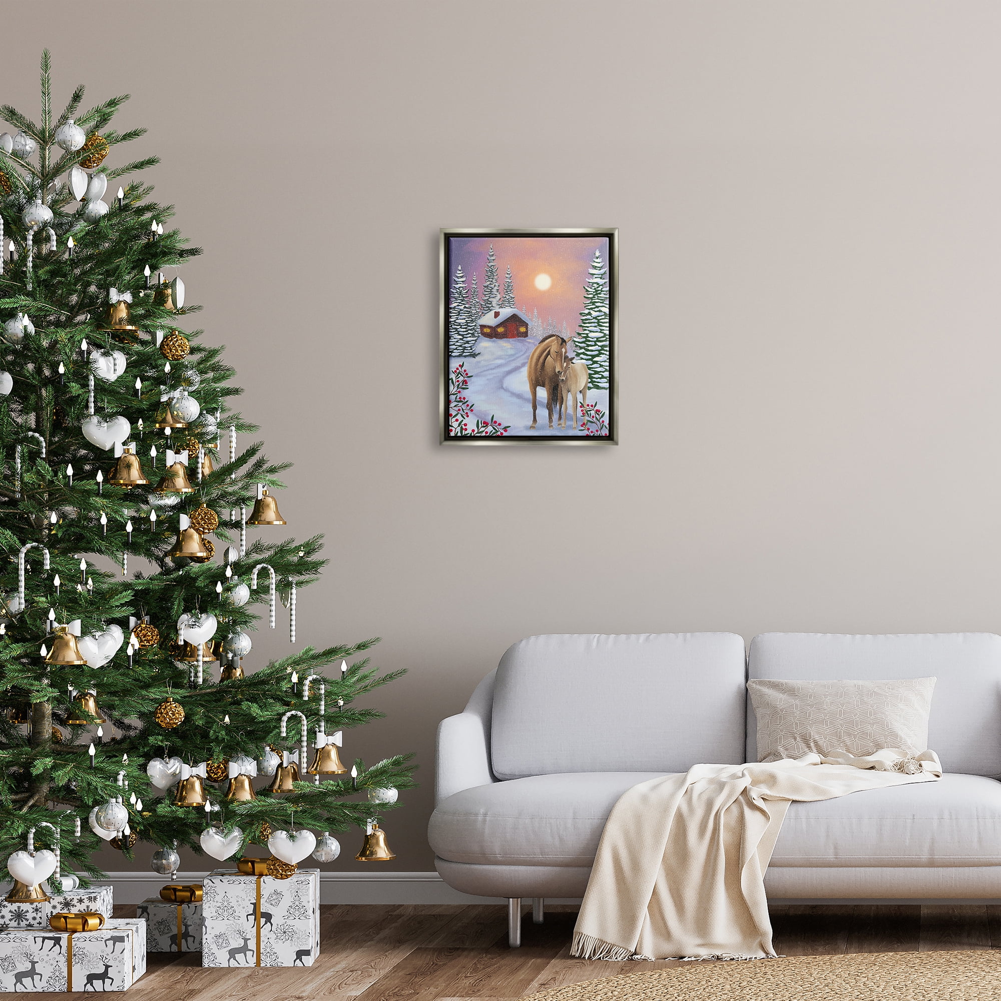 Stupell Industries Holiday Horses Winter Scene Holiday Painting Gray Floater Framed Art Print Wall Art