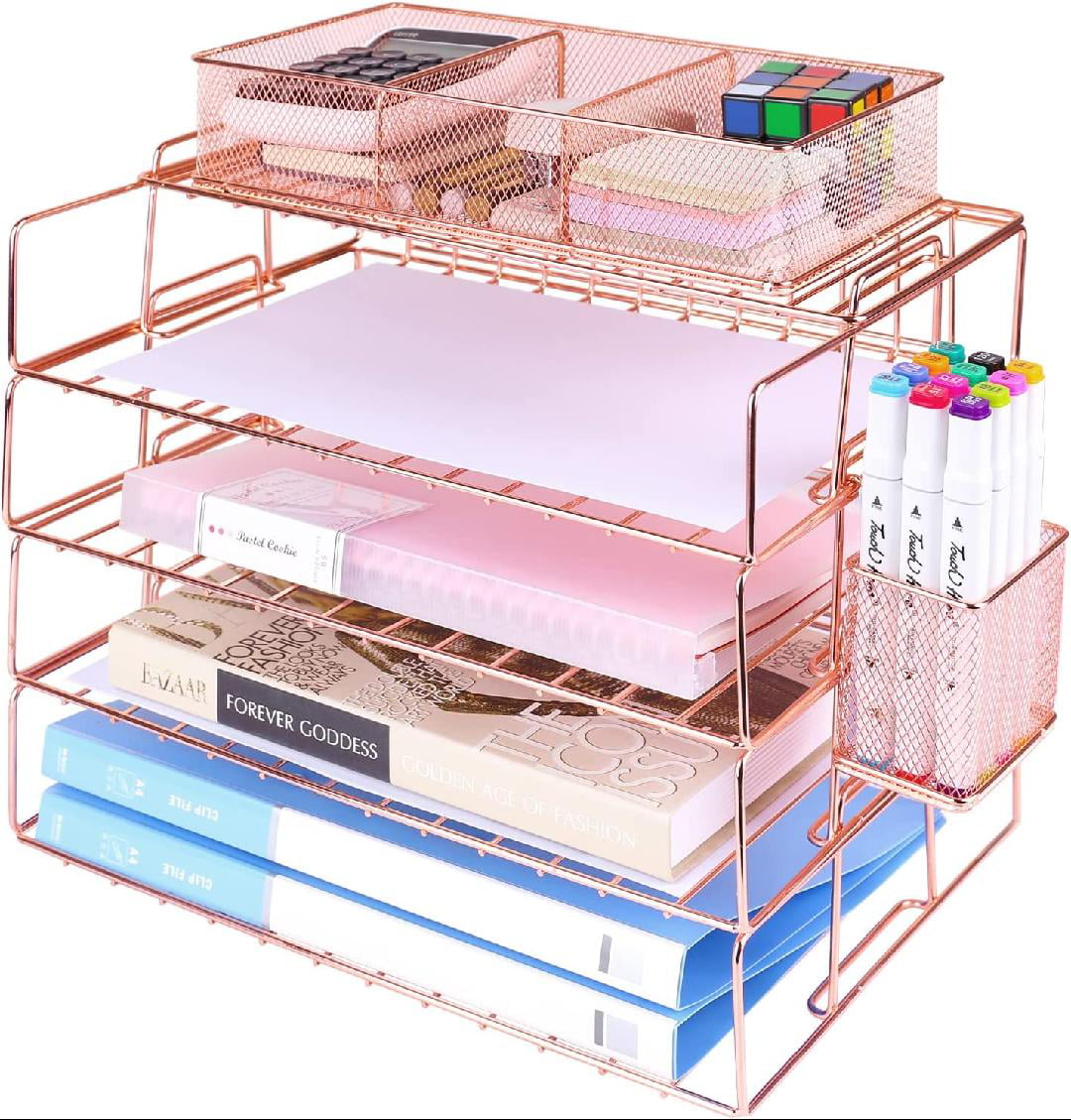 Home & Office Workspace Decorative Stacking Rack Supplies Holder Kertnic 4-Tier Stackable Paper Tray Desk Organizer Rose Gold Rose Gold Metal Letter Trays for File Documents 