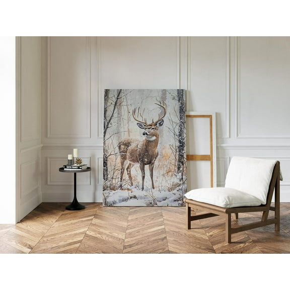 Velto Majestic Buck in Snowy Forest Canvas Art Winter Wildlife Deer Rustic Cabin Wall Art, SIZE 8x10 INCLUDE Pine Wood Frame 1.25-Inch