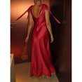 thumbnail image 6 of Red Satin Bow Strap Deep V-Neck Maxi Dress For Formal Events, Parties, Weddings, Galas, 6 of 8