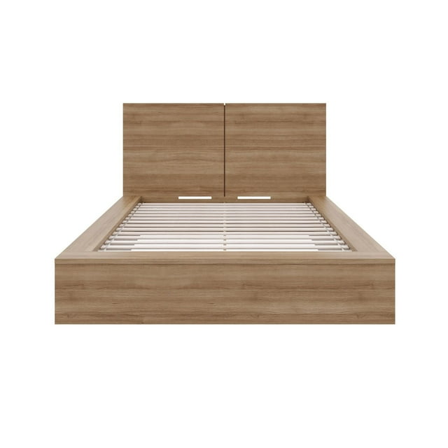 James Platform Bed with Headboard in natural wood finish featuring a simple, modern design and wooden slats for mattress support.