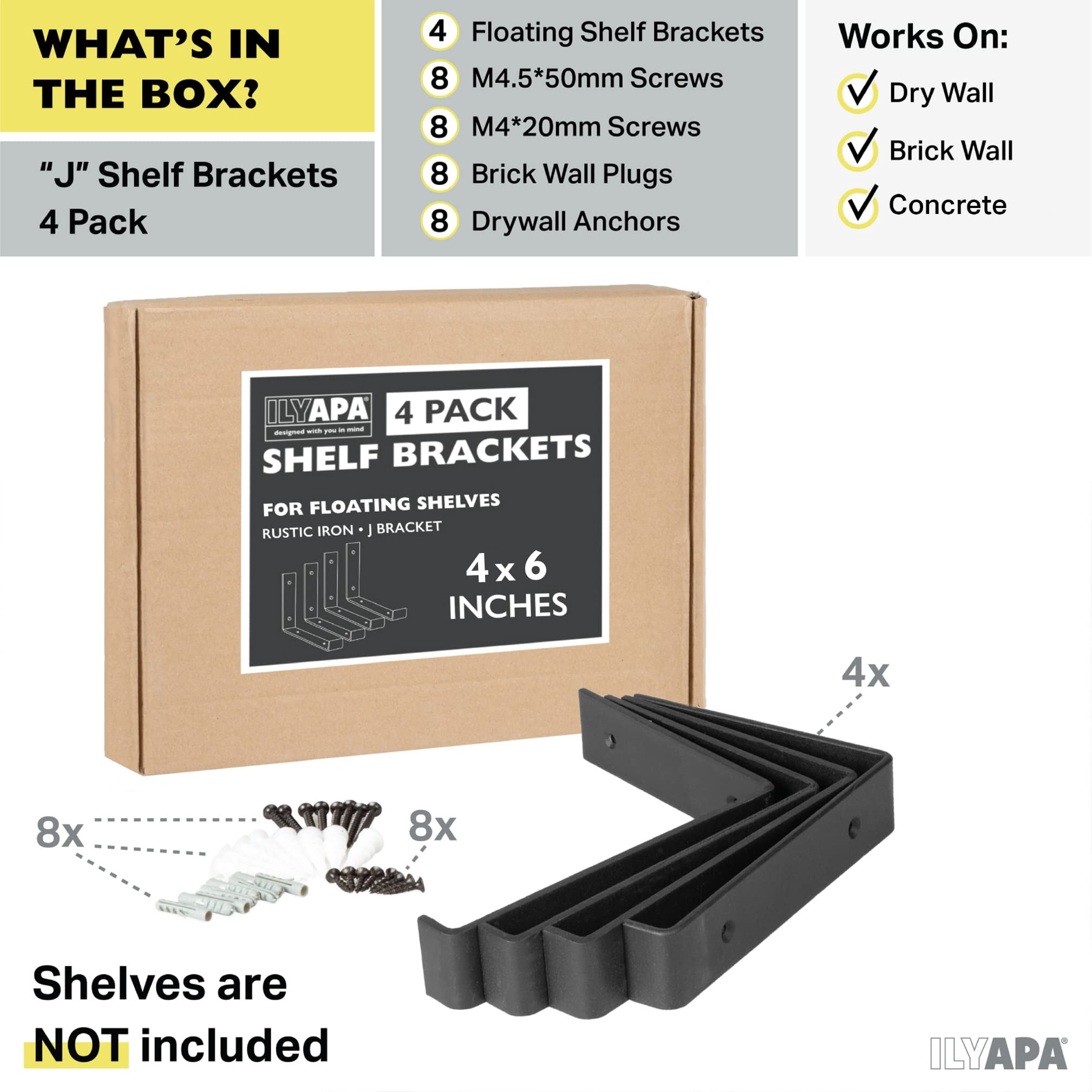 Ilyapa Heavy Duty Floating Shelf Brackets, 4 Pack - 4 x 6 Inch Black Metal Shelf Holders for Wall Mount Shelves