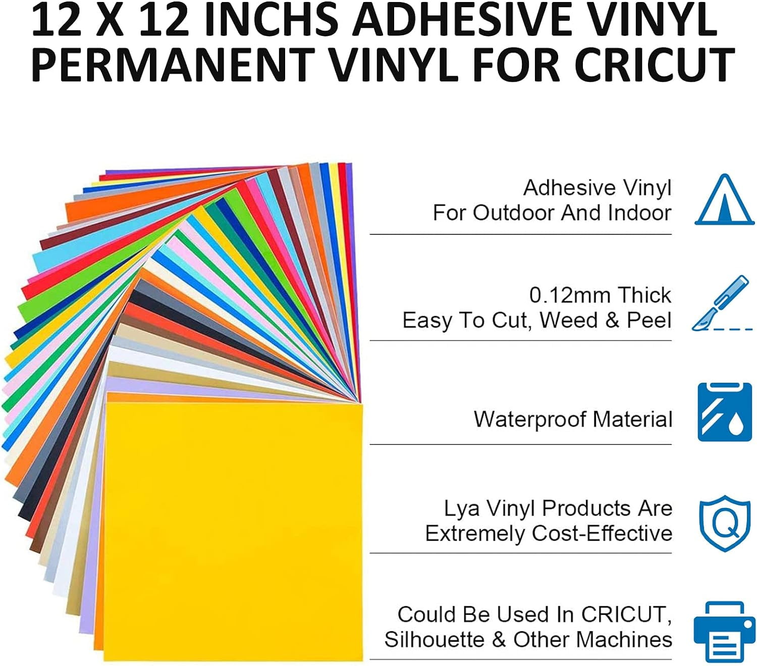 Lya Vinyl Permanent Vinyl for Cricut Machine- 65 Pack 12" x 12" Permanent Vinyl Bundle,40 Color Vinyl for Party Decoration, Sticker, DIY Mug