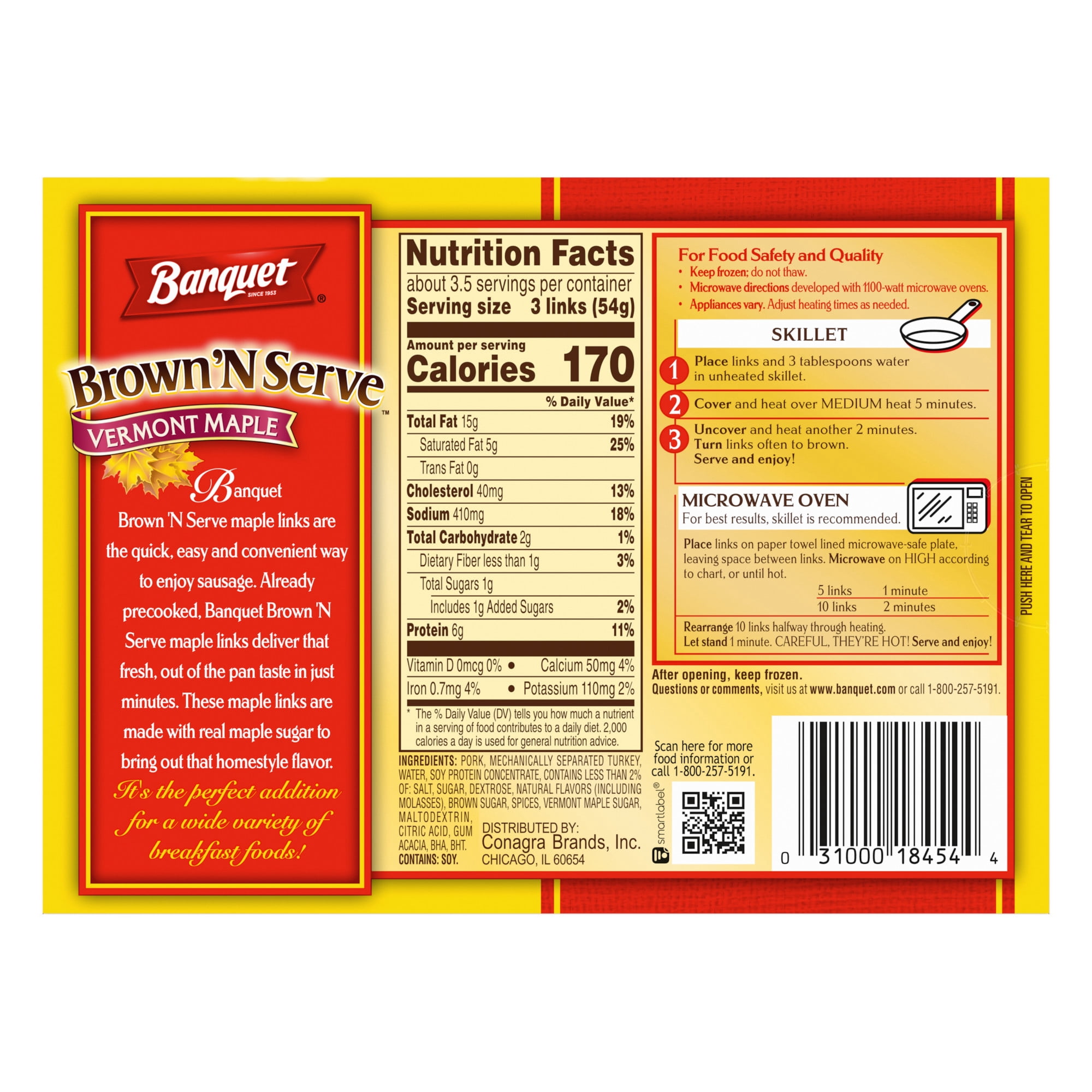Banquet Brown'N Serve Vermont Maple Fully Cooked Sausage Links, 6g Protein per Serving, Frozen Breakfast, 6.4 oz.