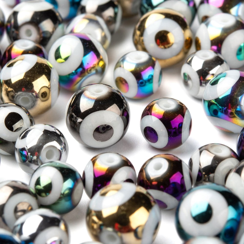 10 Colors Electroplate Glass Beads Round with Evil Eye Pattern Mixed Color 185pcs/box 1Box