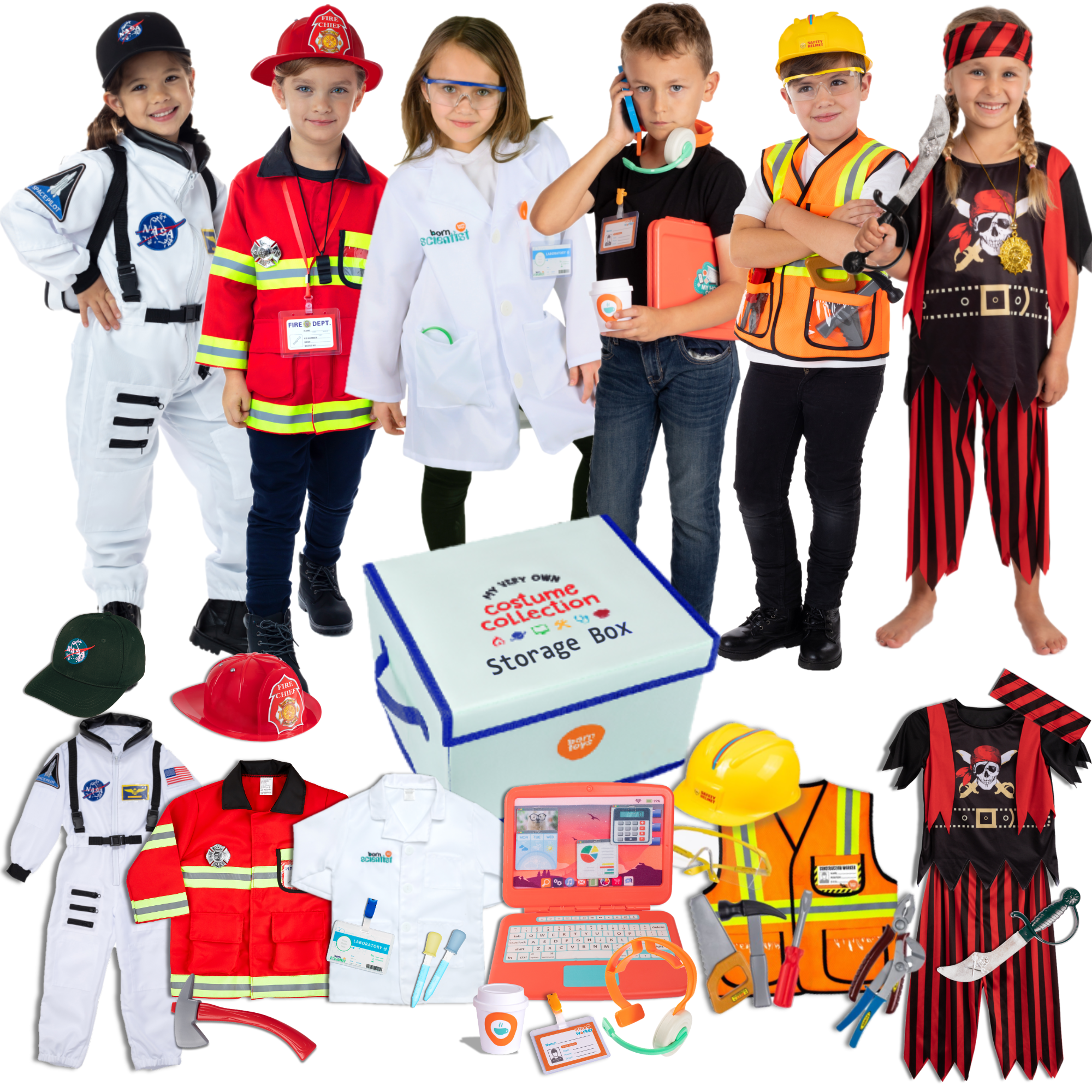 Born Toys 6-in-1 Unisex Kids Dress Up Box Set for Playtime Adventure Costumes