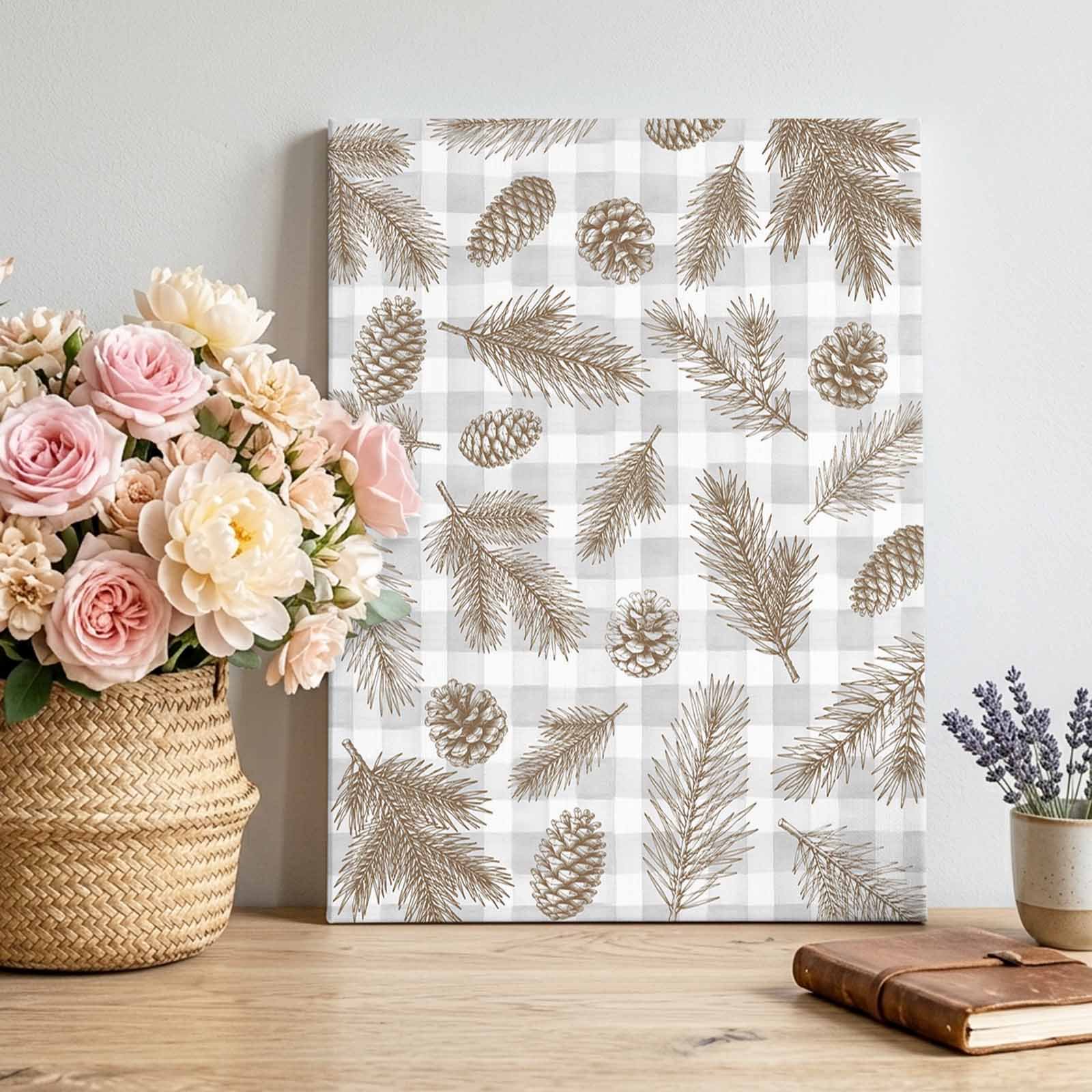 Canvas Wall Art Christmas Framed Canvas Prints for Living Room Bedroom Brown Xmas Pine Needles Pinecones Grey Plaid Large Gallery Wrapped Wall Decor for Home Office Gifts 16 x20 Ship Next Day