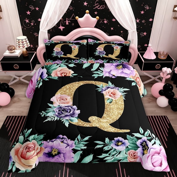 Erosebridal Cartoon Monogrammed Bedding Sets Twin with Comforter, Initial Q Letter Comforter Sets Twin Size, Retro Floral Reversible Duvet Insert, Breathable Bedroom Decorative, 2pcs