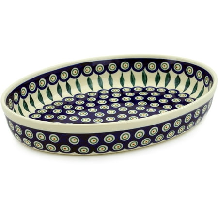- Polish Pottery 12½-inch Oval Baker (Peacock Leaves Theme) Hand Painted in Boleslawiec, Poland + Certificate of Authenticity